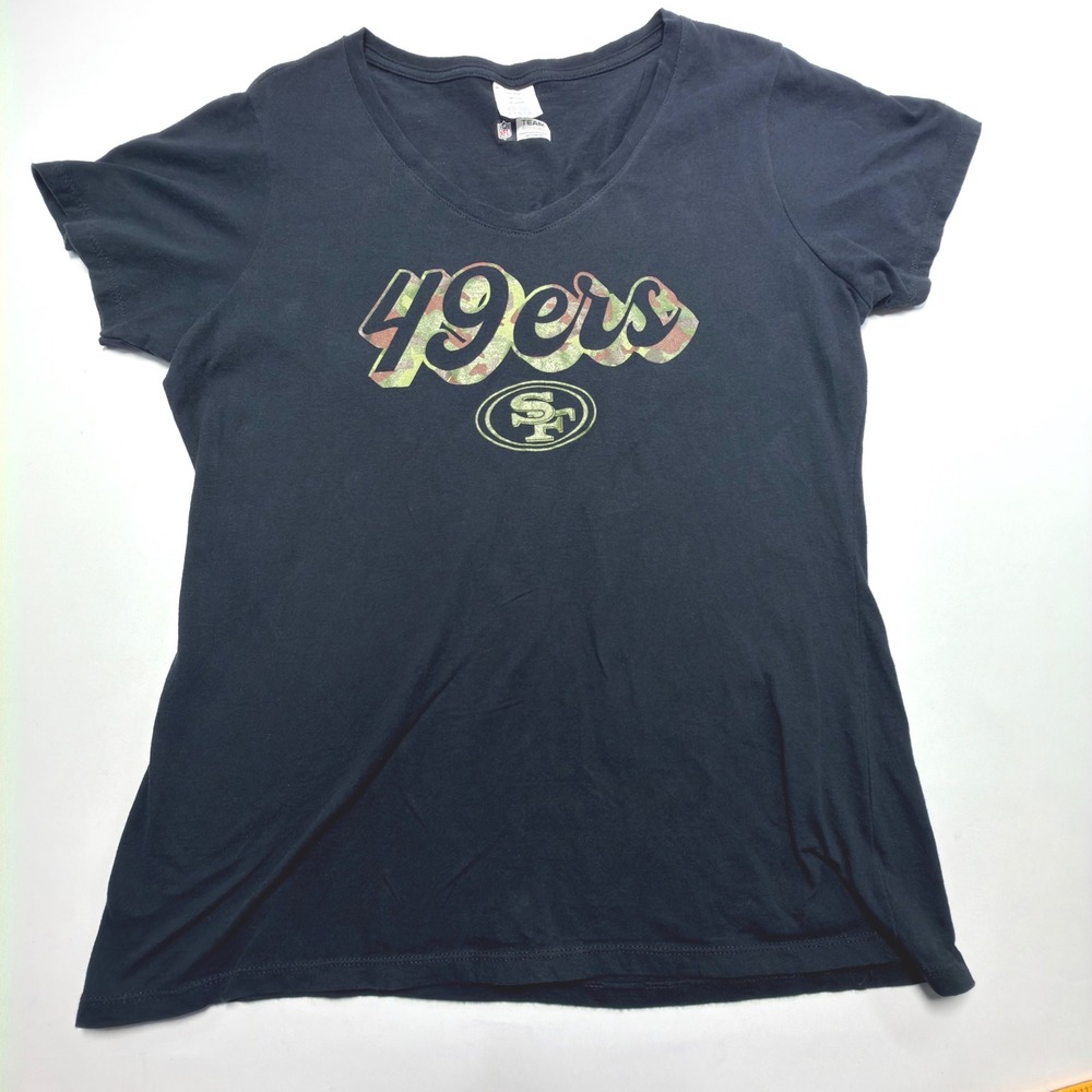 NFL Team Apparel San Francisco 49ers Womens L Black Camo Logo V Neck Tee